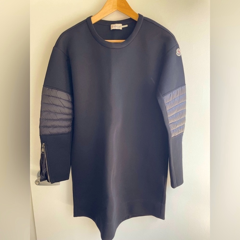 CLEAROUT Moncler Black Crewneck Tunic with Down Quilted Sleeve Detail